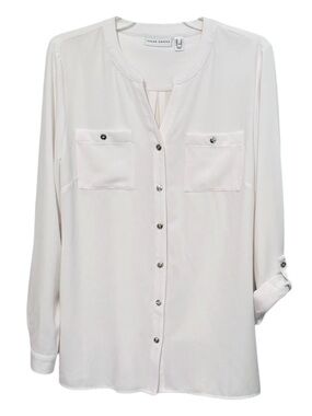 Susan Graver Size 8 White Liquid Knit Blouse Long Sleeves w/Roll Tabs